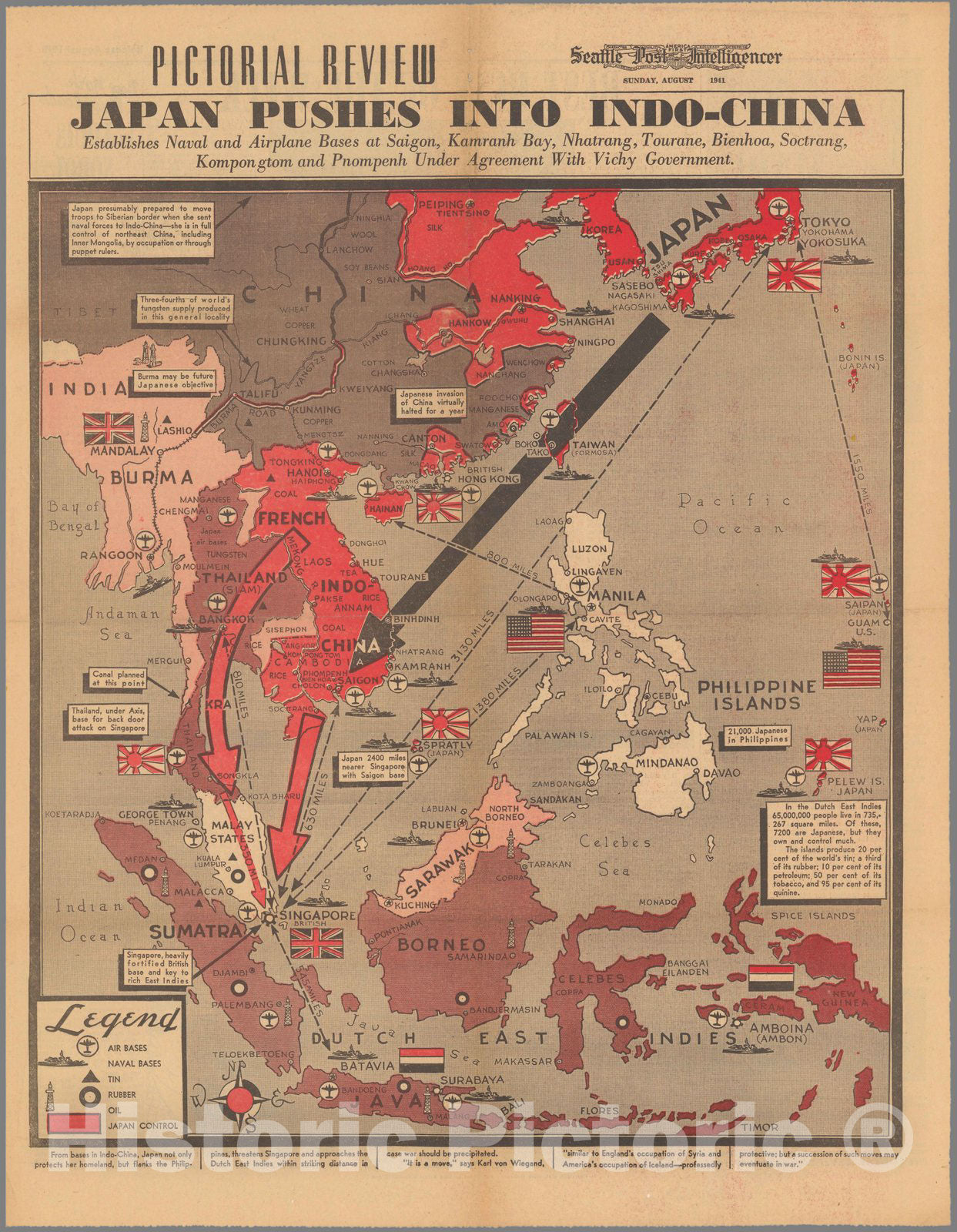 Historic Map : Pictorial review : Japan pushes into Indo-China 1941 - Vintage Wall Art