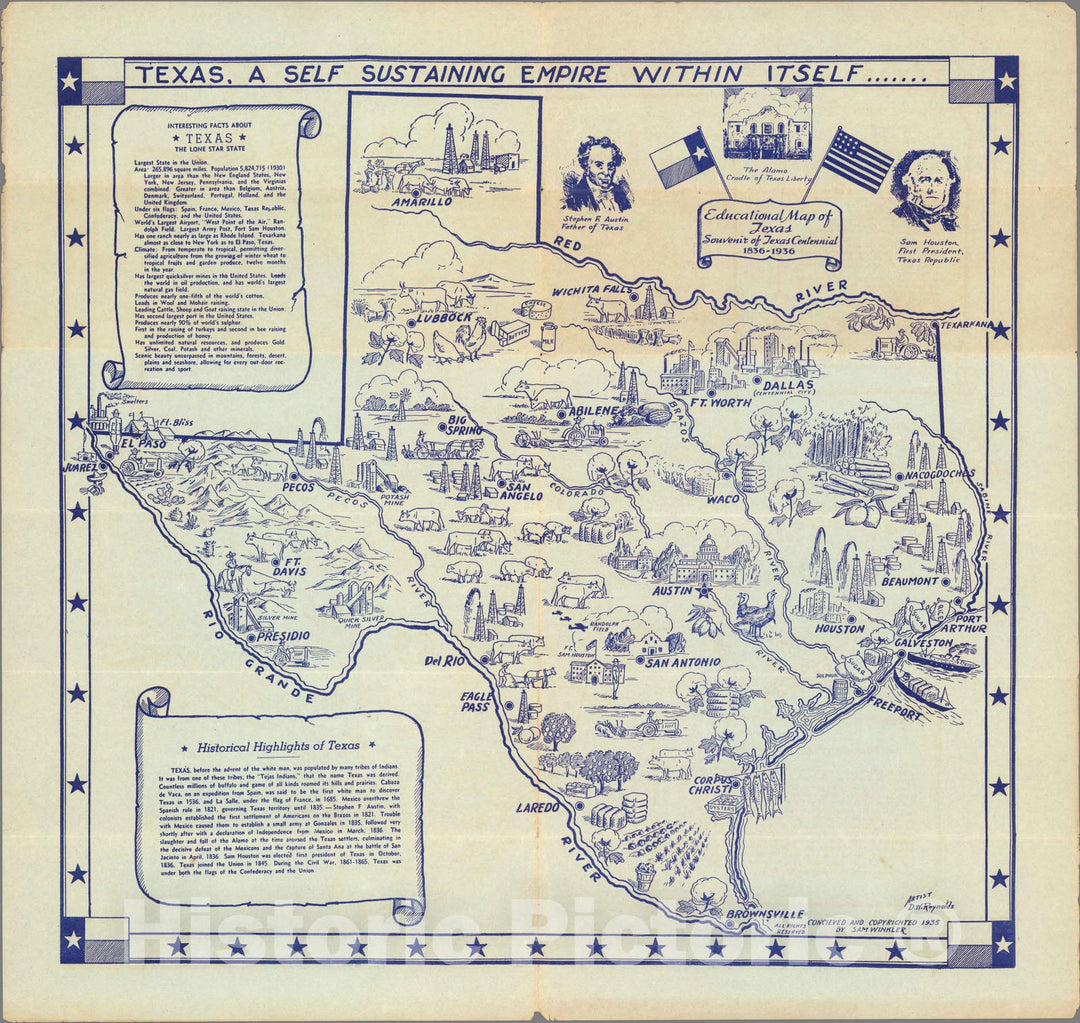 Historic Map : Educational map of Texas. Souvenir of Texas Centennial 1836-1936 - Vintage Wall Art