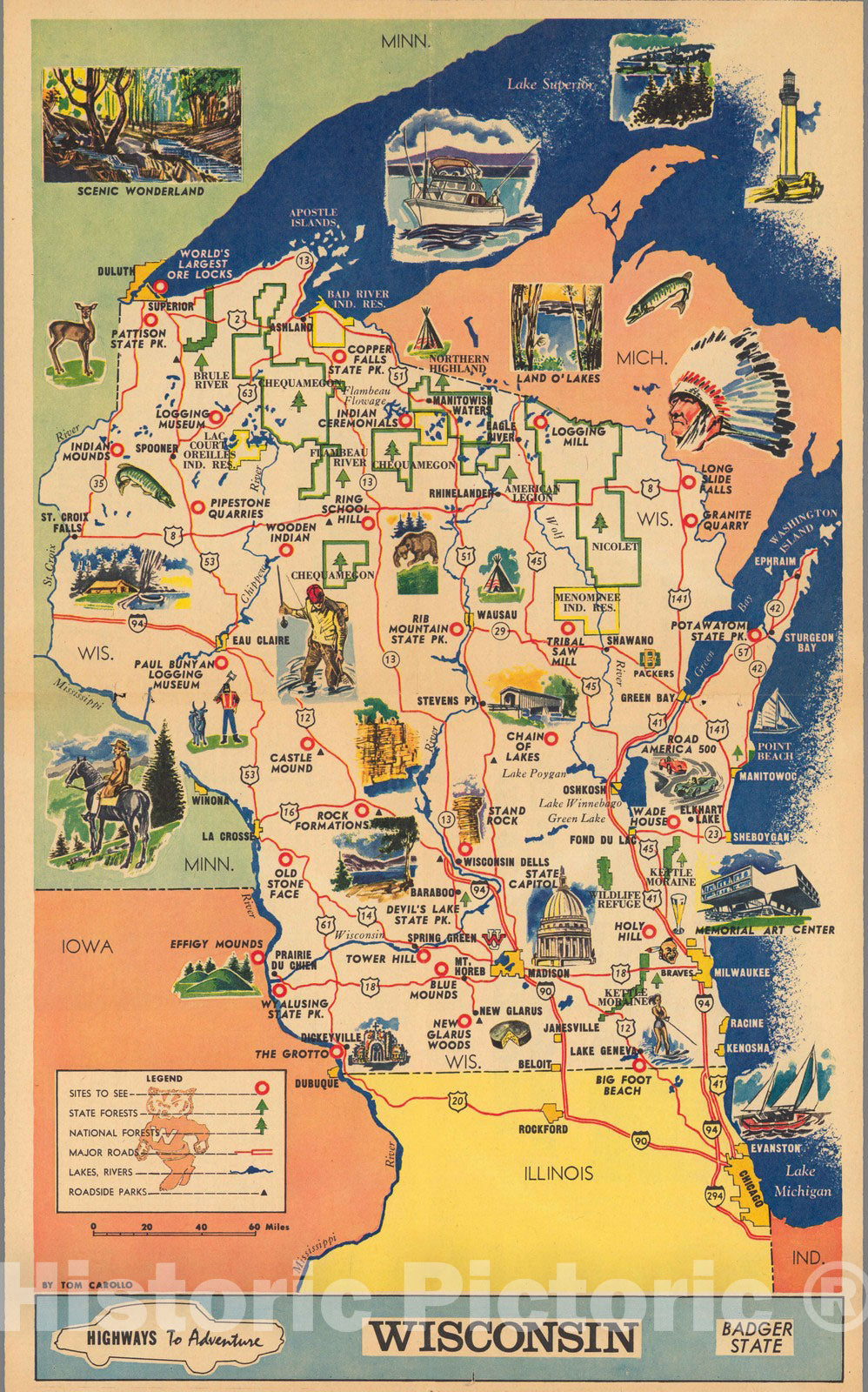 Historic Map - Wisconsin. Badger State. Highways to adventure 1964 - Vintage Wall Art