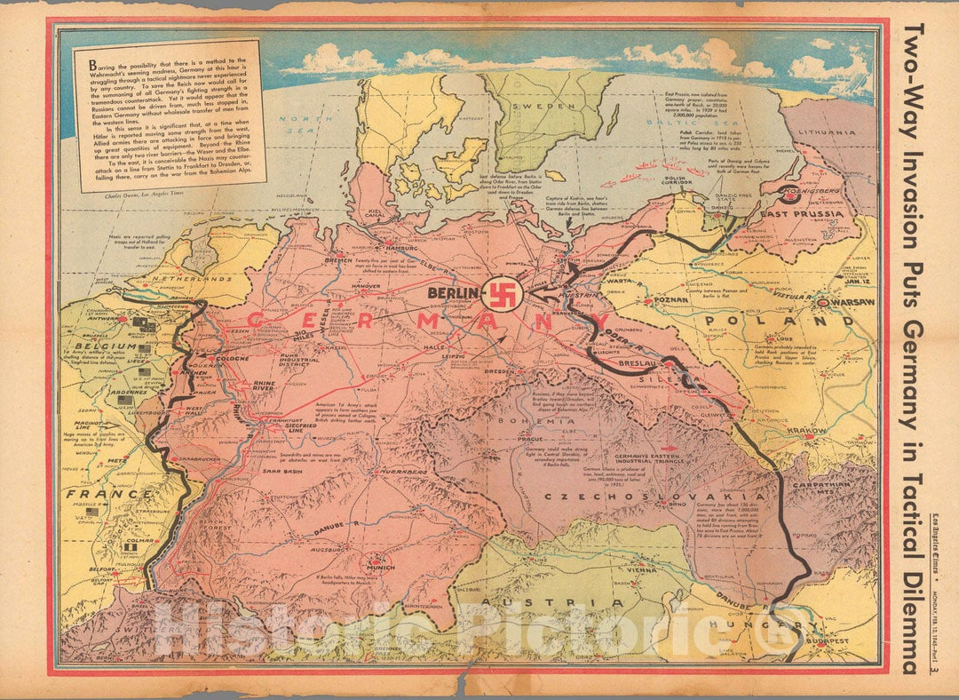 Historic Map : Two-way invasion puts Germany in tactical dilemma 1945 - Vintage Wall Art