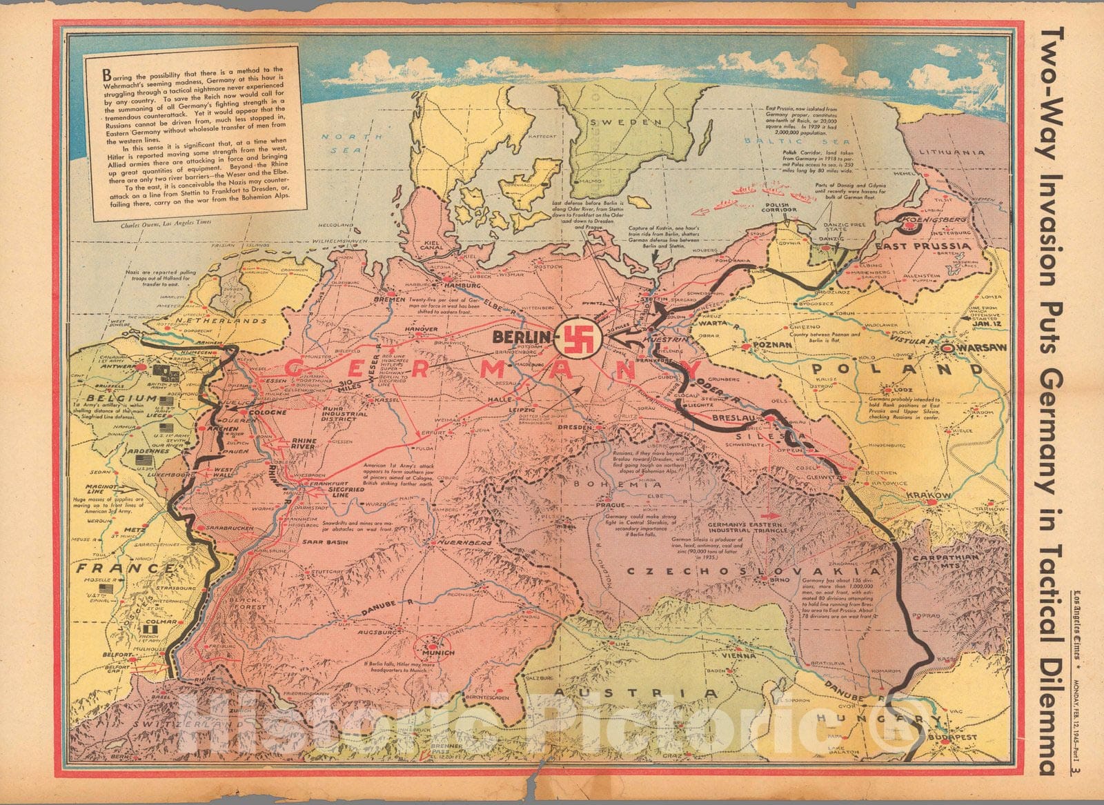 Historic Map : Two-way invasion puts Germany in tactical dilemma 1945 - Vintage Wall Art