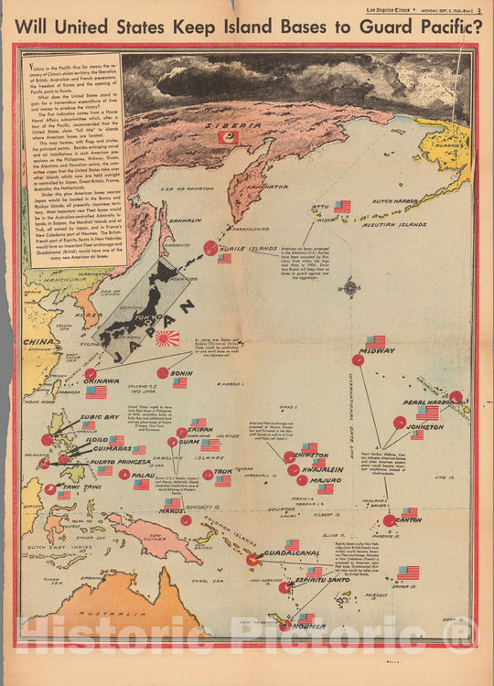 Historic Map : Will United states keep island bases to guard Pacific? 1944 - Vintage Wall Art