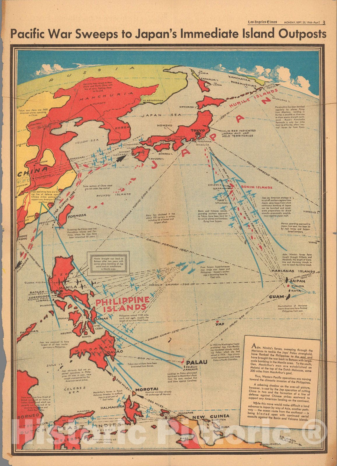 Historic Map : Pacific war sweeps to Japan's immediate islands outposts 1944 - Vintage Wall Art