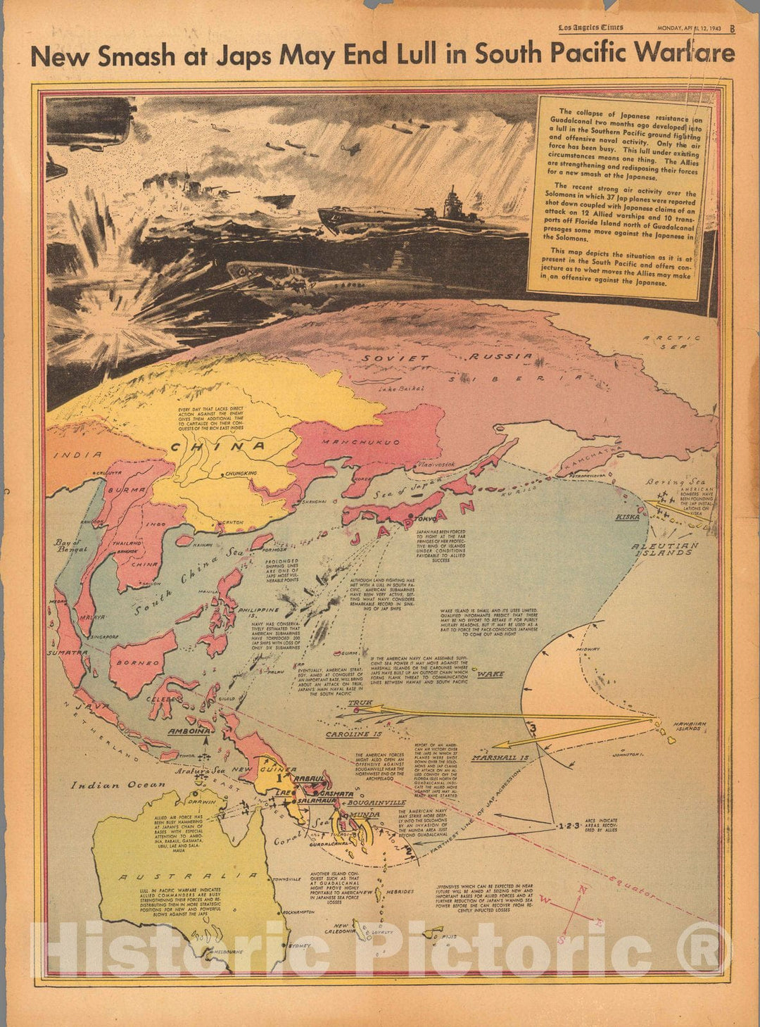 Historic Map : New smash at Japs may end lull in South Pacific warfare 1943 - Vintage Wall Art