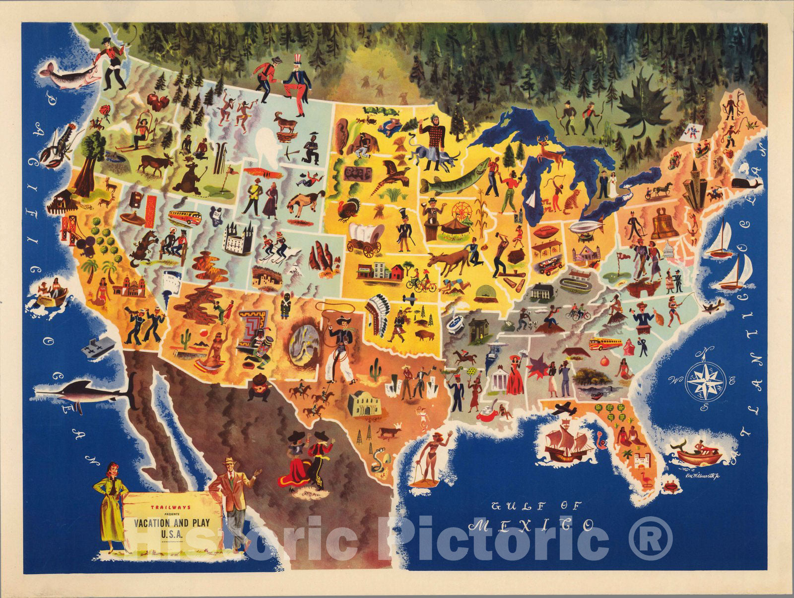 Historic Map : Trailways presents vacation and play U.S.A. 1949 - Vintage Wall Art