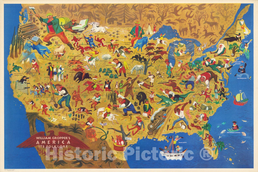 Historic Map : William Gropper's America, its folklore 1946 - Vintage Wall Art