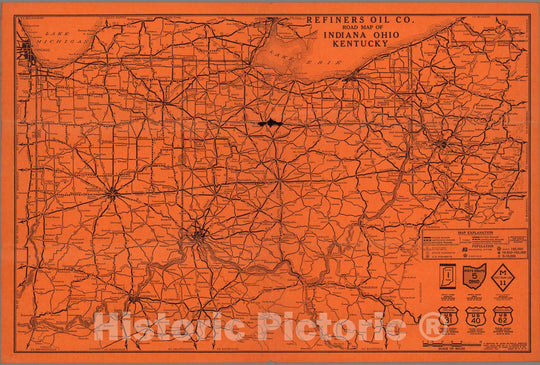 Historic Map : Refiners Oil Co. Road map of Indiana Ohio Kentucky, 1925 - Vintage Wall Art