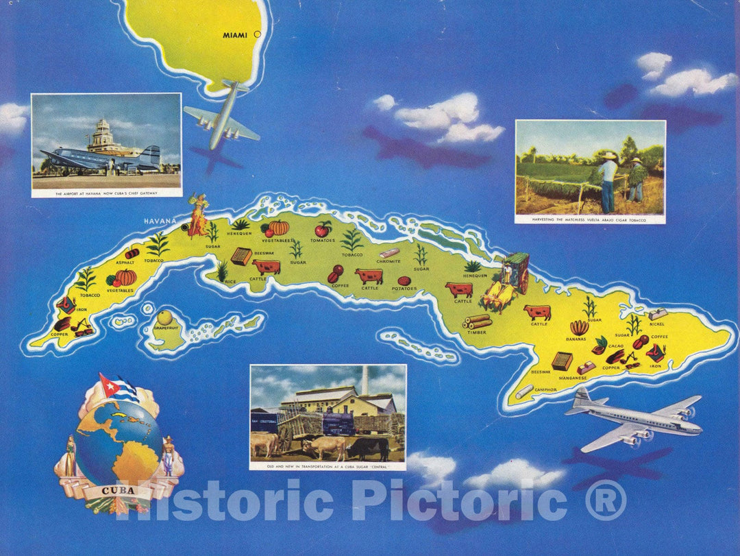 Historic Map : Cuba. Pan American World Airways. Printed in U.S.A, 1950 - Vintage Wall Art