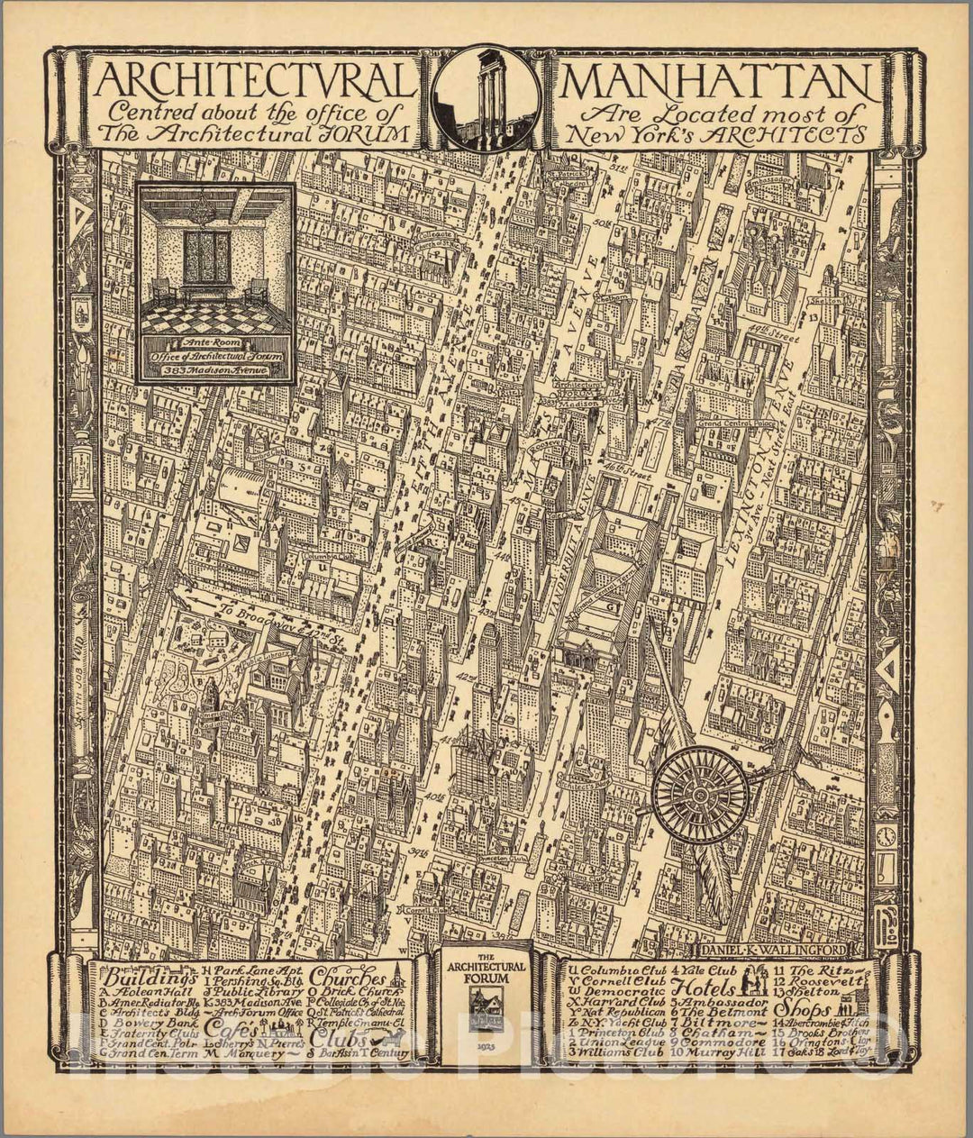 Historic Map : Architectural Manhattan centered about the office of The Architectural Forum 1925 - Vintage Wall Art