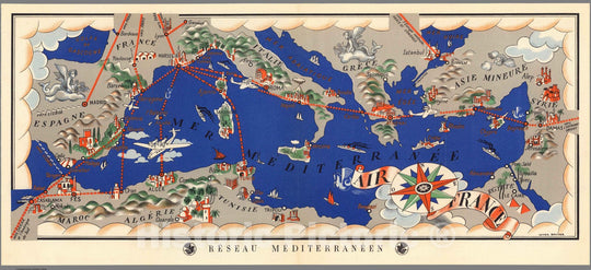 Historic Map : Mediterranean Reseau Mediterraneen. Lucien Boucher. Air France. 1930 , Vintage Wall Art