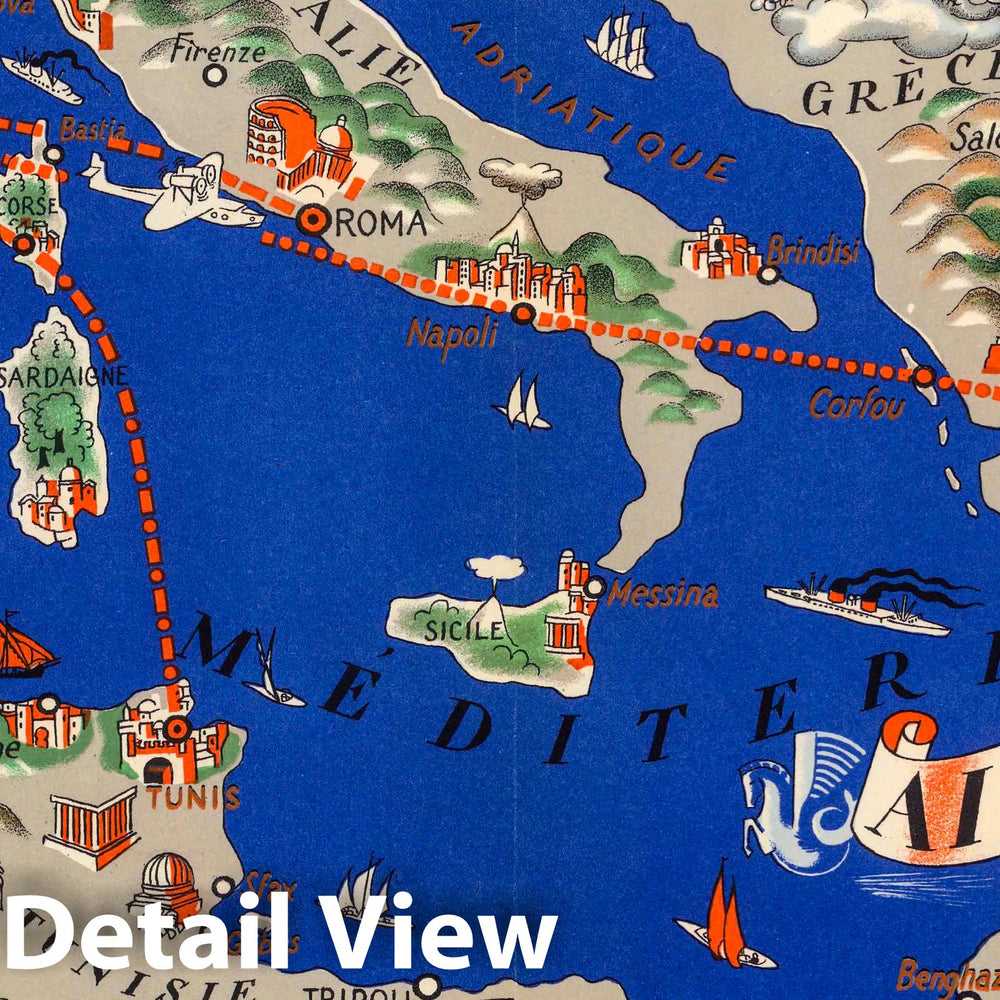 Historic Map : Mediterranean Reseau Mediterraneen. Lucien Boucher. Air France. 1930 , Vintage Wall Art