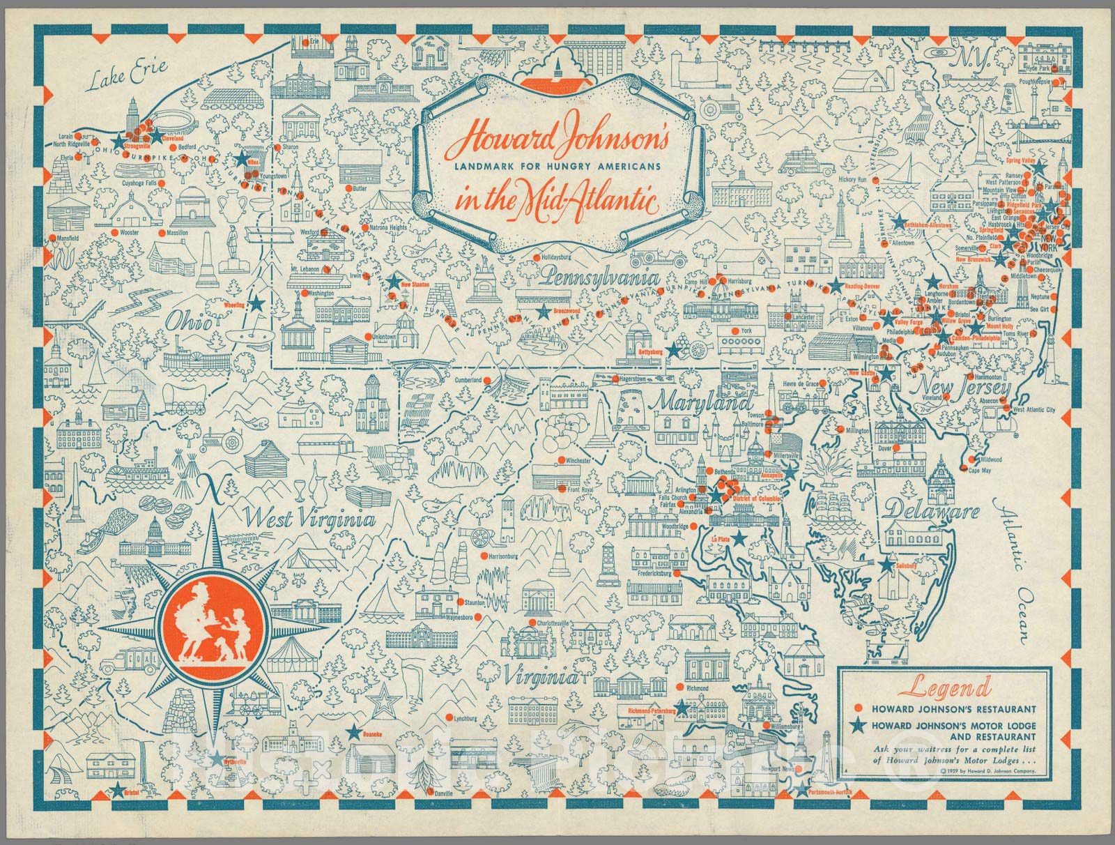 Historic Map : Howard Johnson's Landmark for Hungry Americans in the Mid-Atlantic 1959 - Vintage Wall Art