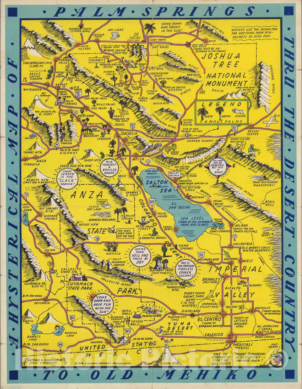 Historic Map - A Hysterical Map Of Palm Springs Thru The Desert Country To Old Mehiko, 1948, Lindgren Brothers v2