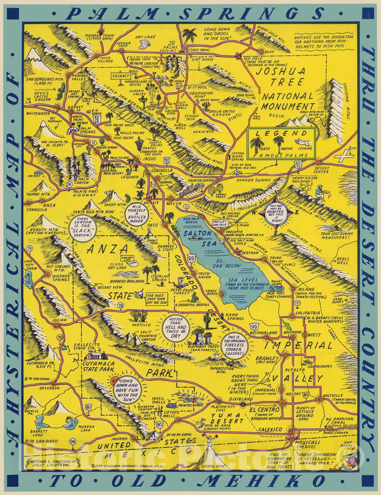 Historic Map - A Hysterical Map Of Palm Springs Thru The Desert Country To Old Mehiko, 1948, Lindgren Brothers v2