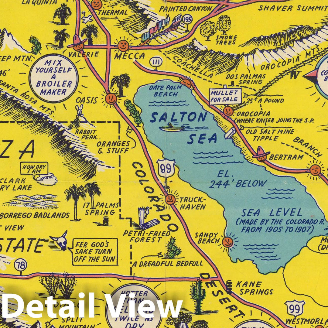 Historic Map - A Hysterical Map Of Palm Springs Thru The Desert Country To Old Mehiko, 1948, Lindgren Brothers v2