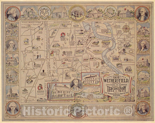 Historic Map - Cultural and map of old Wethersfield, Connecticut, 1934, - Vintage Wall Art