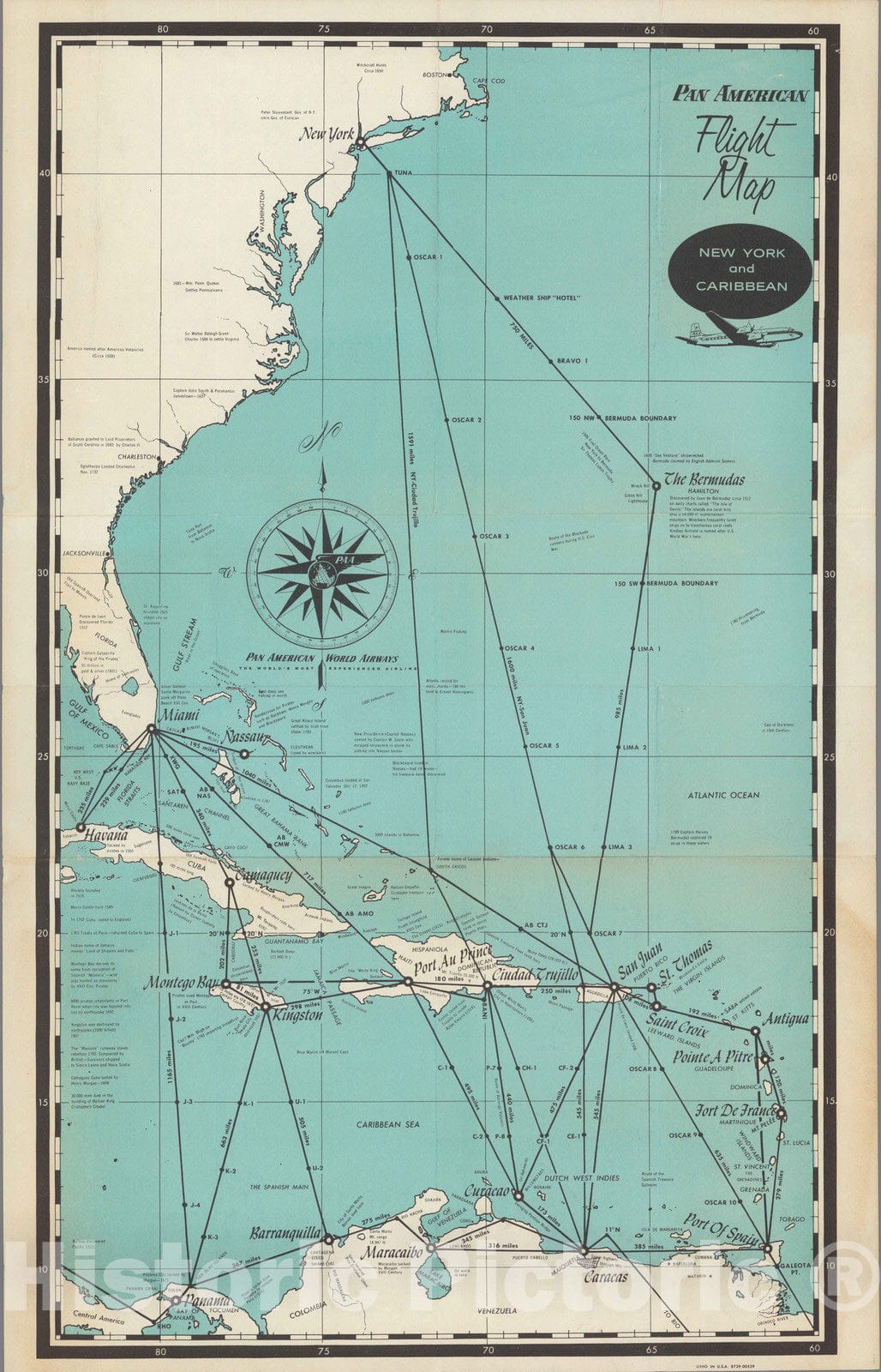 Historic Map : Pan American flight map, New York and Caribbean, 1950 - Vintage Wall Art