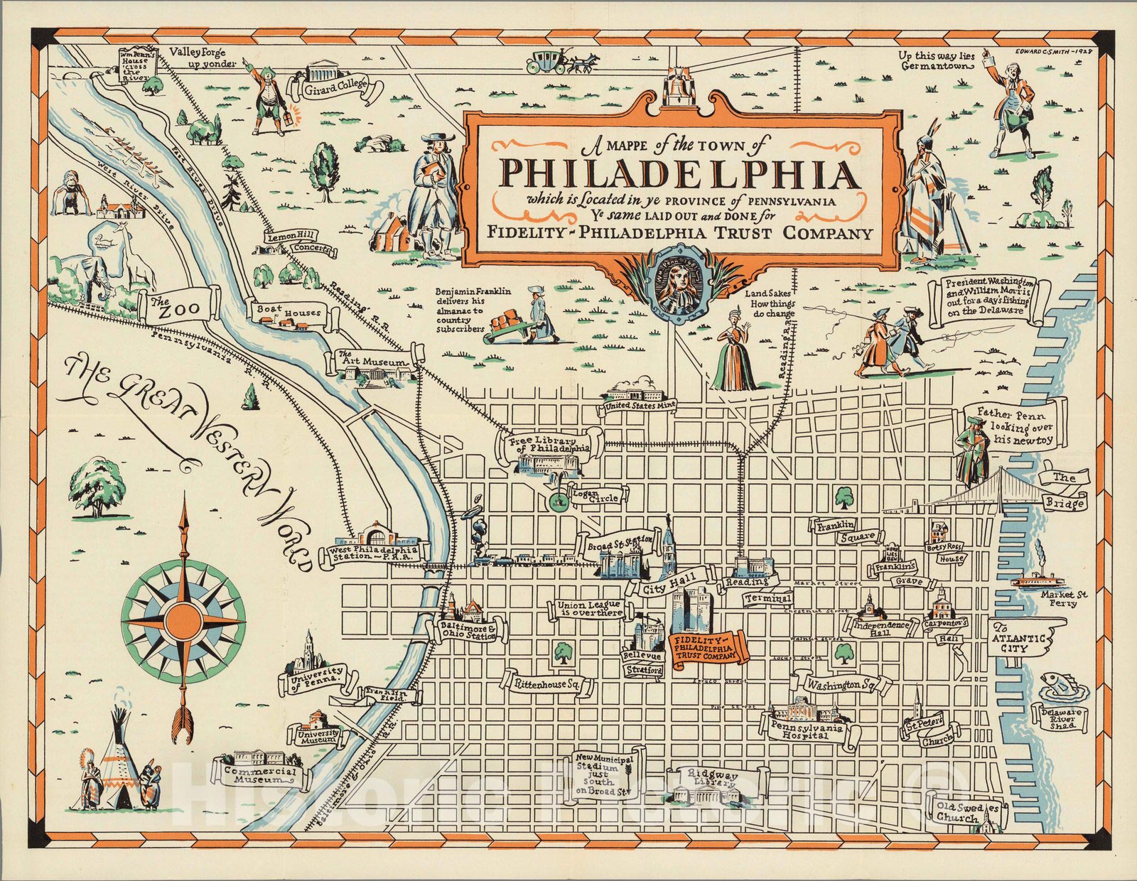 Historic Map : Historic Wall Mappe of the town of Philadelphia, 1940 - Vintage Wall Art