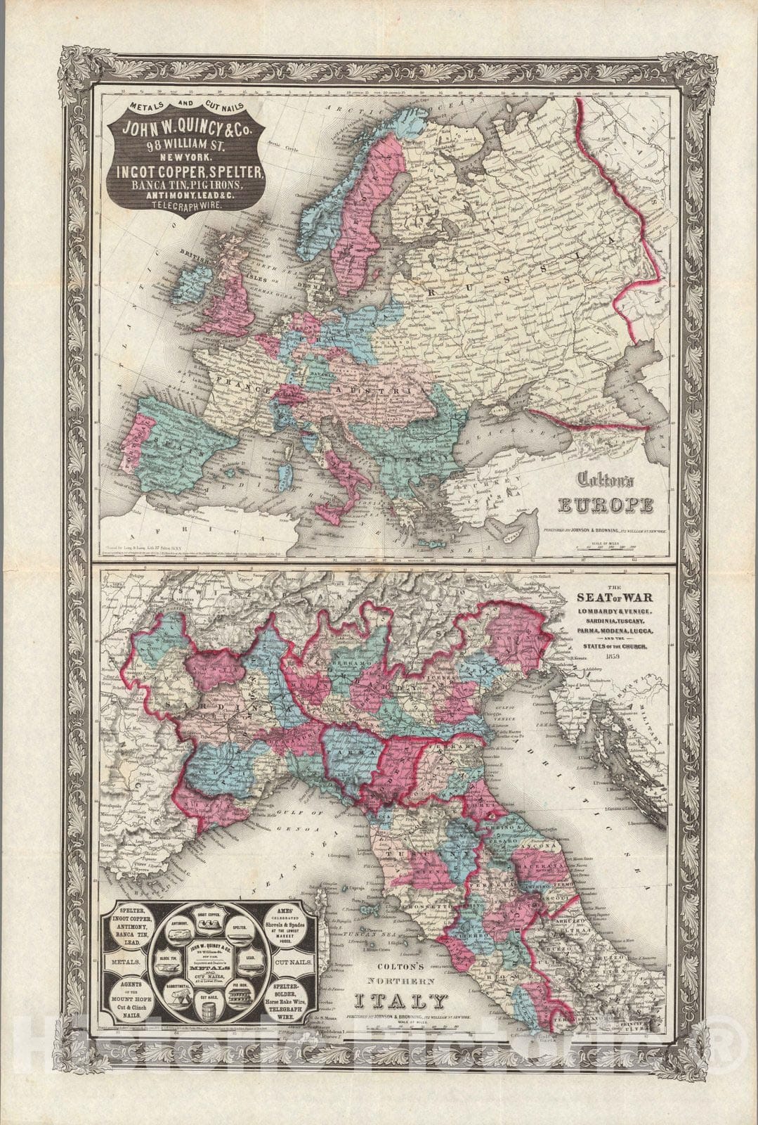 Historic Map : Advertisement, Colton's Europe ; Colton's Northern Italy : seat of war 1859 - Vintage Wall Art