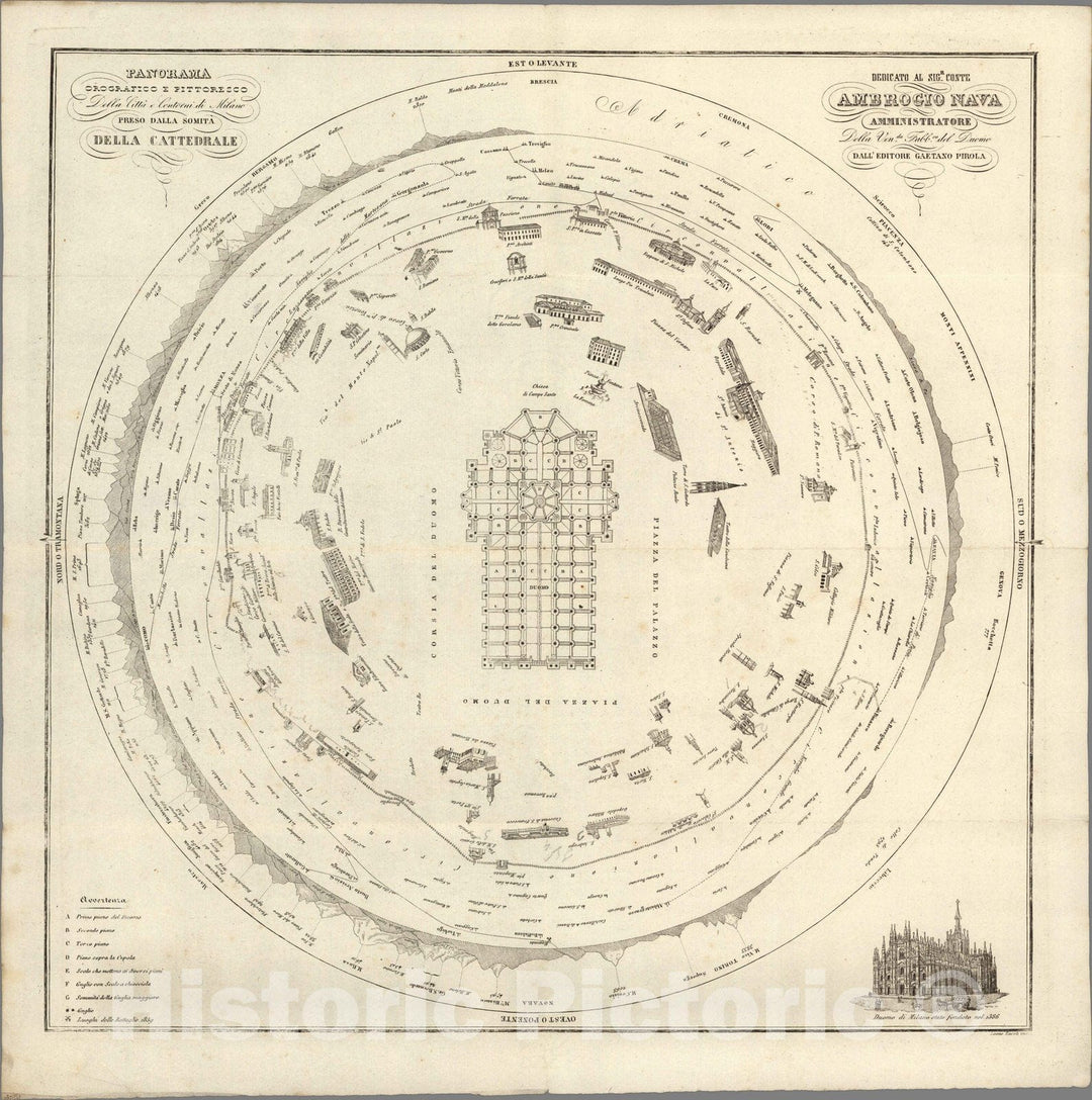 Historic Map : Italy , Milan (Italy), Section Title Page, Panorama orografico e pittoresco della citta e contorni di Milano 1864 , Vintage Wall Art