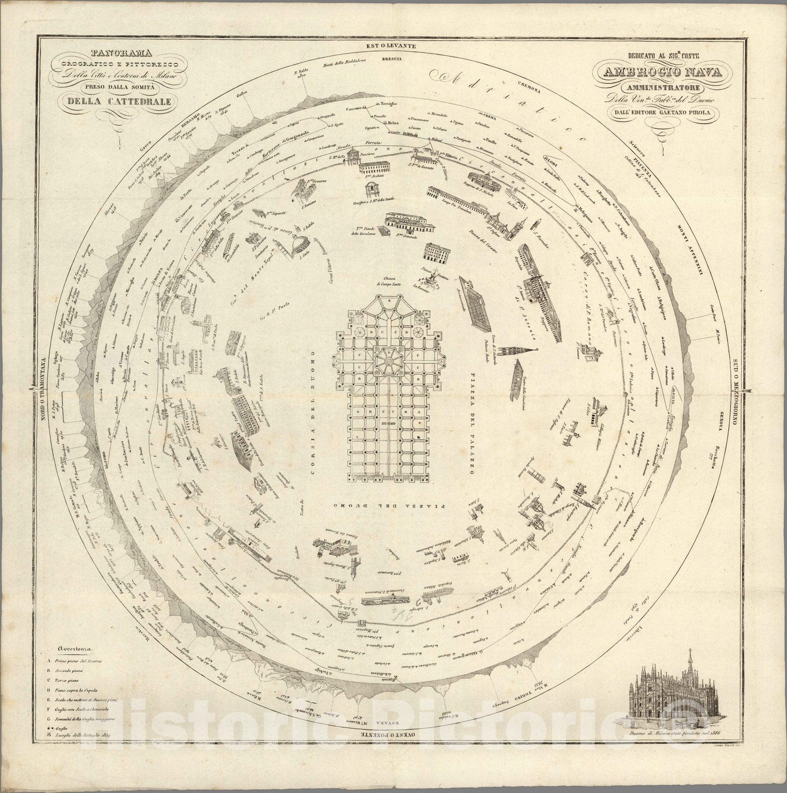 Historic Map : Italy , Milan (Italy), Section Title Page, Panorama orografico e pittoresco della citta e contorni di Milano 1864 , Vintage Wall Art