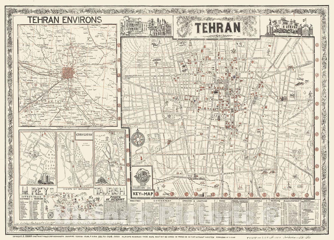 Historic Map - Pocket Map, Tehran. 1956-1334 1956, - Vintage Wall Art