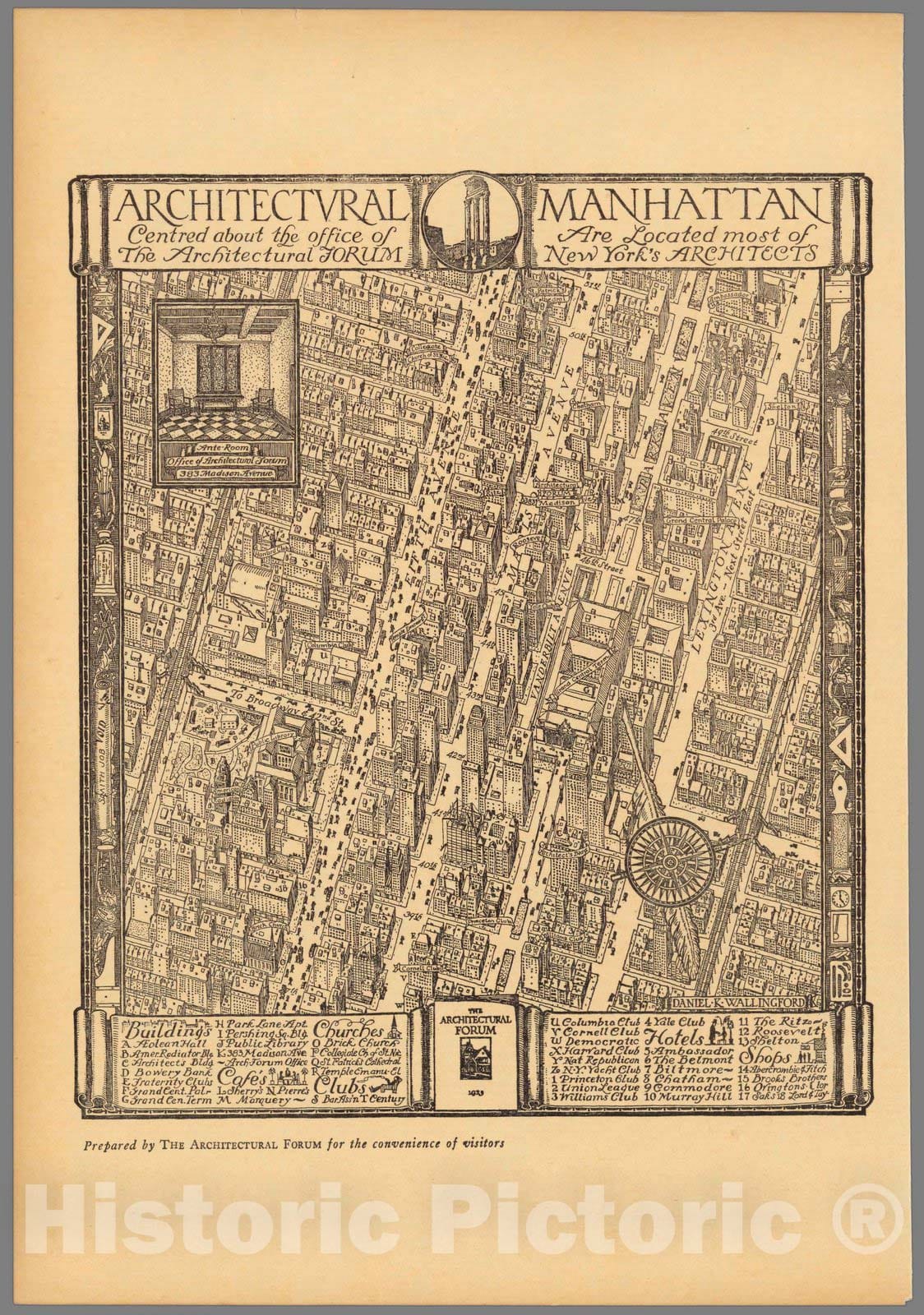 Historic Map : Broadside, Architectural Manhattan centered about the office of The Architectural Forum 1923 - Vintage Wall Art