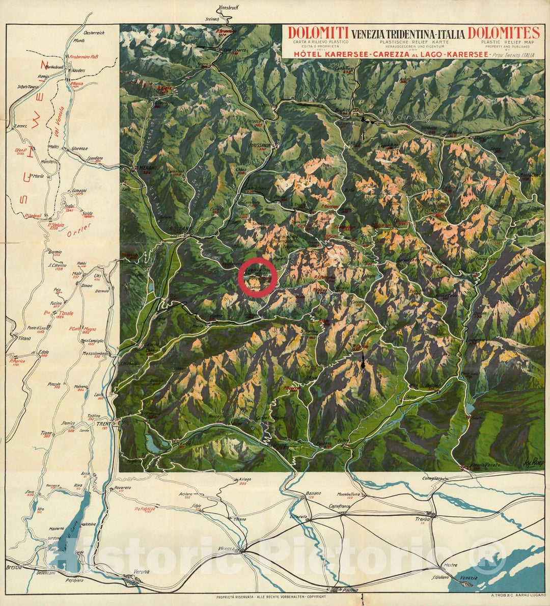 Historic Map : Dolomites (Italy) Carta a Relievo Plastico Automobilistica Delle Dolomiti (Italia). 1924 , Vintage Wall Art