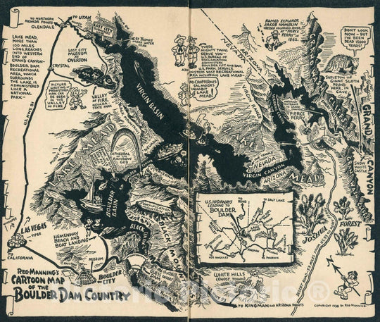 Historic Map : Reg Manning's Cartoon Map of Boulder Dam Country, 1938 - Vintage Wall Art