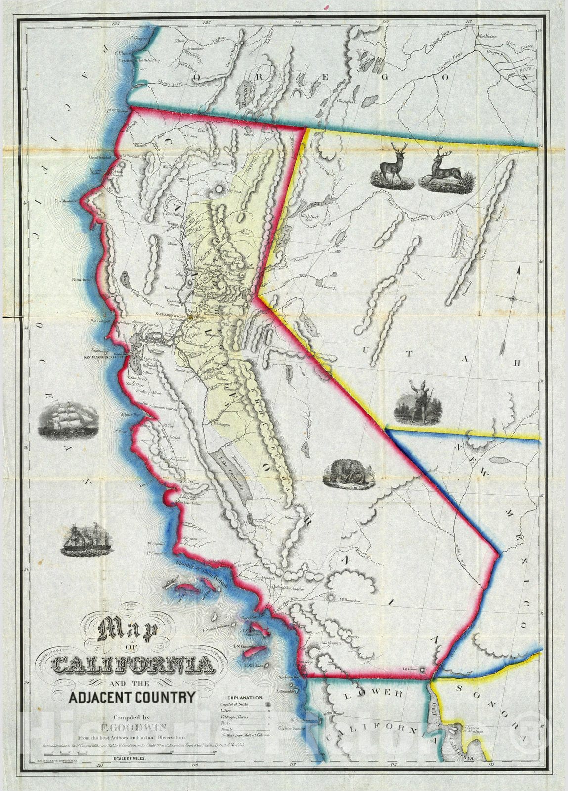 Historic Map : Map of California And The Adjacent Country, 1855 - Vintage Wall Art