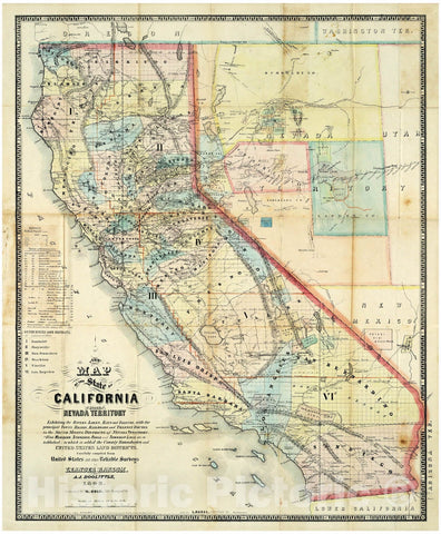 Historic Map - New Map of The State of California And Nevada Territory, 1863 - Vintage Wall Art