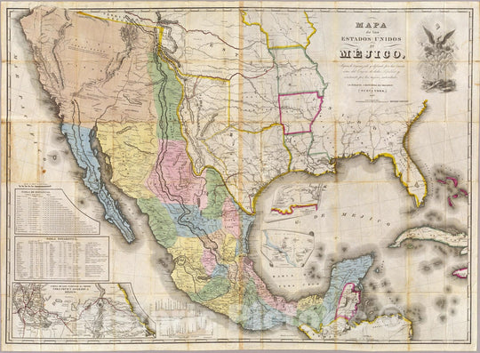 Historic Map : Mexico, Texas, Mapa de los Estados Unidos De Mejico, 1847 , Vintage Wall Art