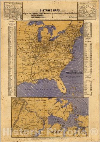 Historic Map : Map of the Atlantic States, Showing Distances From Washington (In BeeLine) By 50 Mile Circles, 1861 - Vintage Wall Art