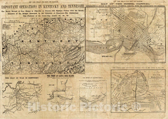 Historic Map : Newspaper, Important Operations in Kentucky and Tennessee. 1861 - Vintage Wall Art