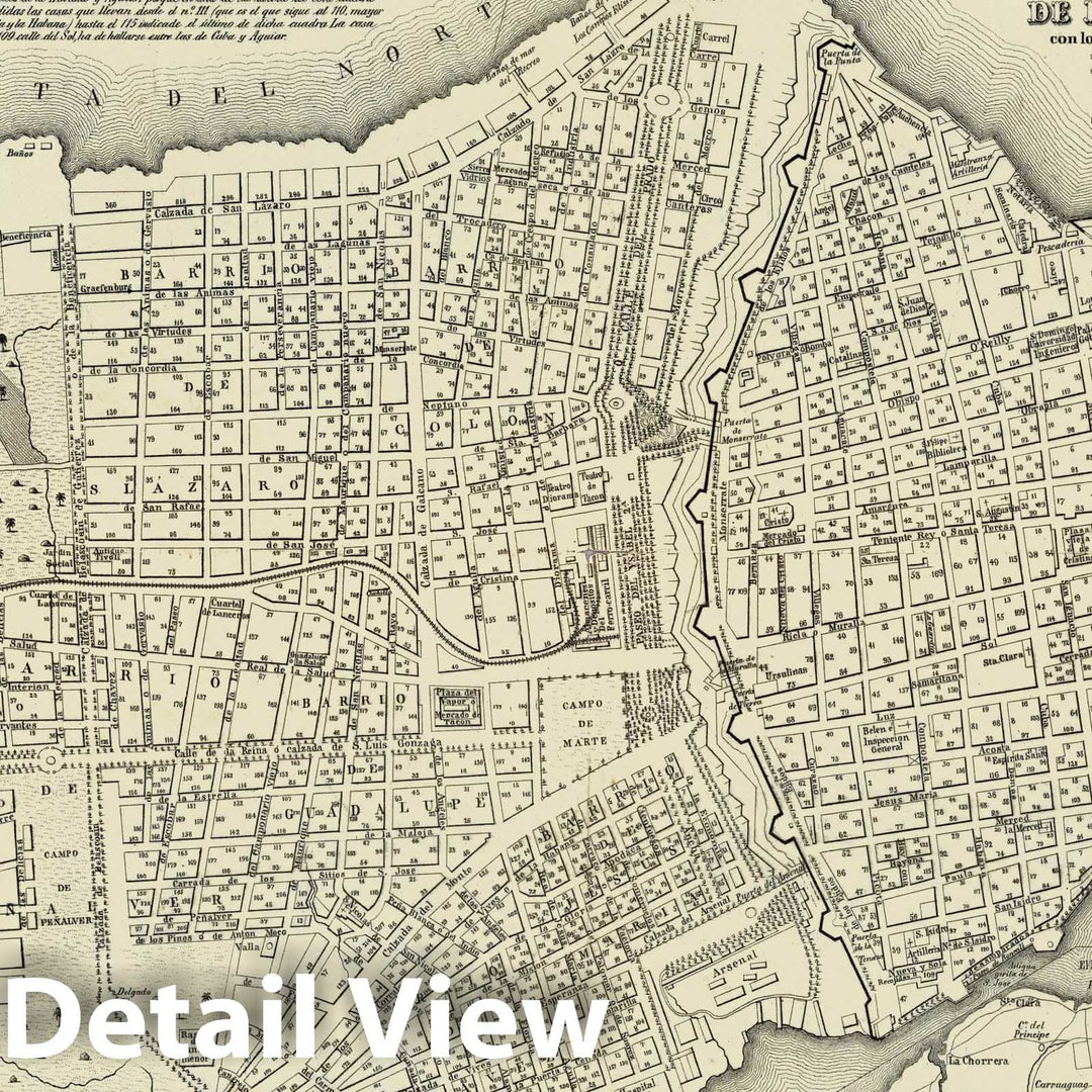 Historic Map : Cuba , Havana (Cuba), Plano Pintoresco De La Habana con Los numeros de las casas. 1853 , Vintage Wall Art