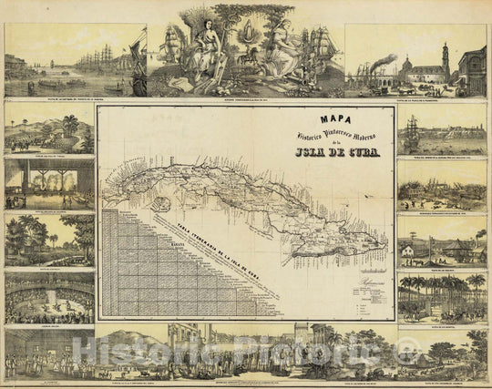 Historic Map : Cuba, Mapa Historico Pintoresca Moderno de al Isla De Cuba, 1853 , Vintage Wall Art