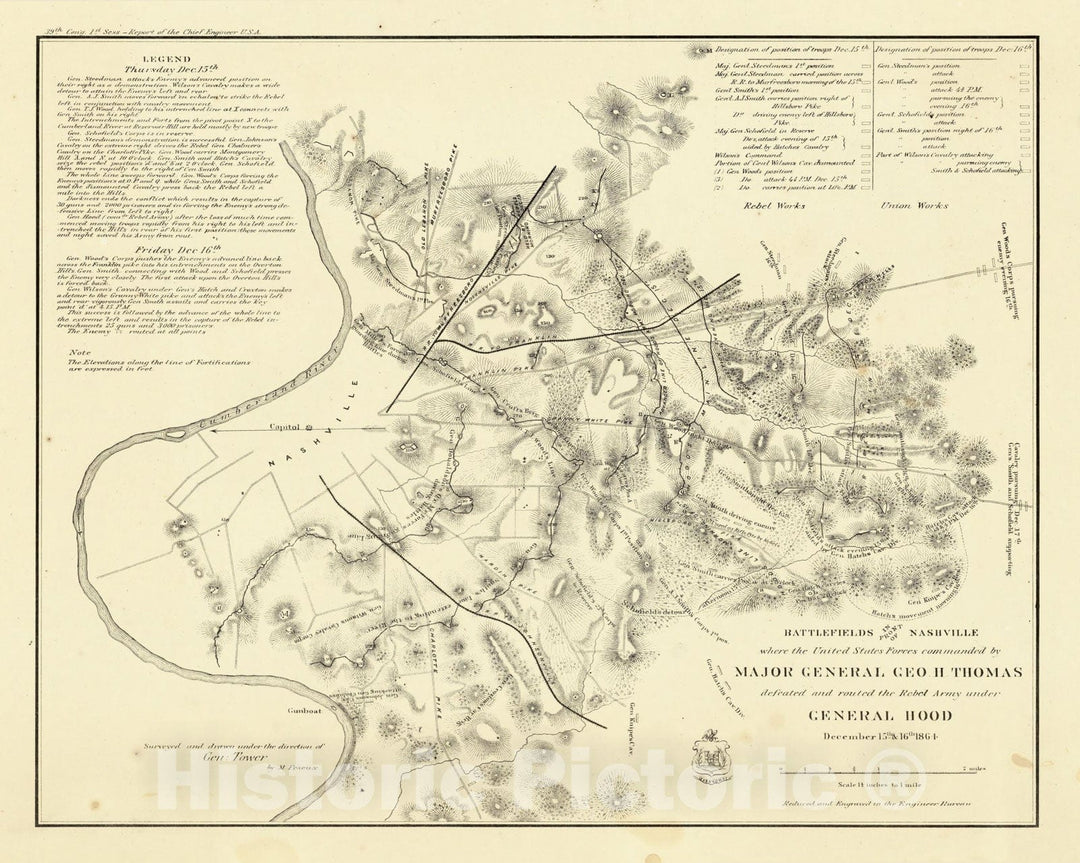 Historic Map : Battlefields In Front of Nashville. 1866 - Vintage Wall Art