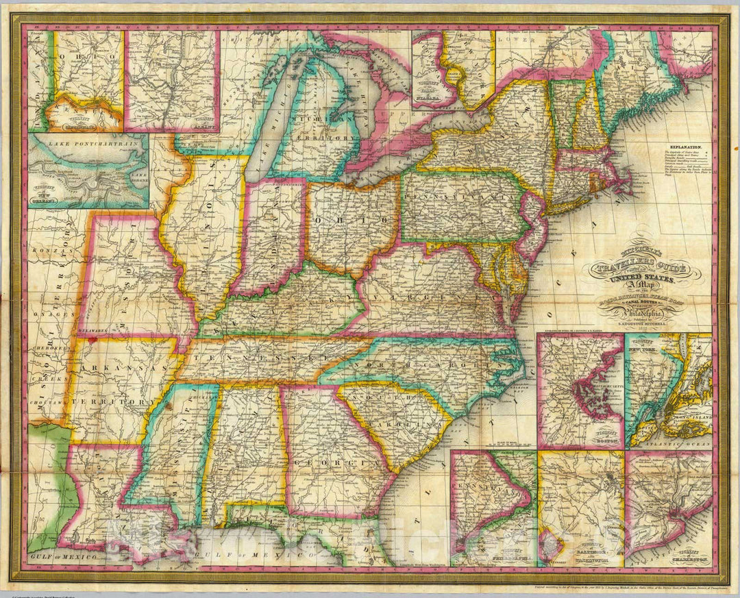 Historic Map : Pocket Map, Mitchell's Travellers Guide Through The United States. 1832 - Vintage Wall Art