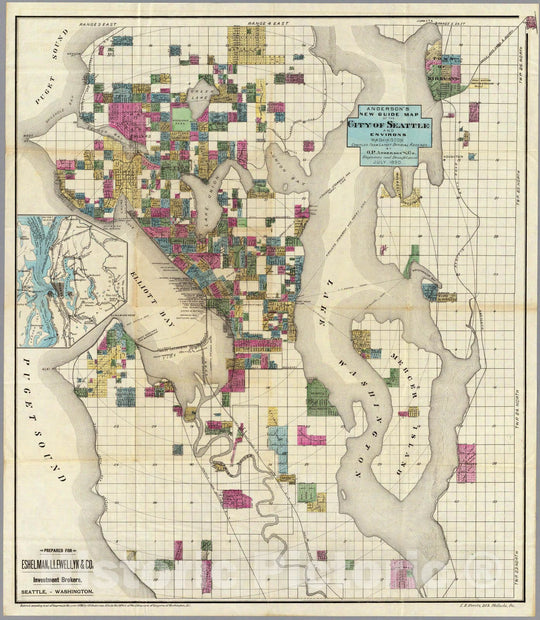 Historic Map : Anderson's New Guide Map of The City of Seattle And Environs, Washington. 1890 - Vintage Wall Art