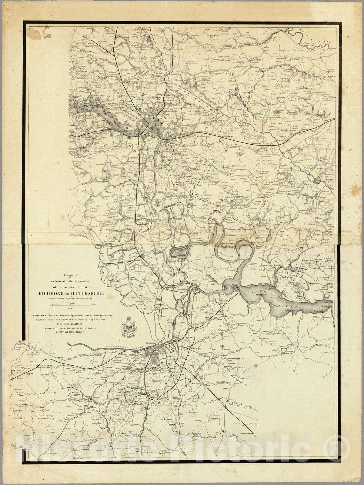 Historic Map - Region Embraced in the Operations of the Armies against Richomond and Petersburg, 1865, Bowen & Company - Vintage Wall Art