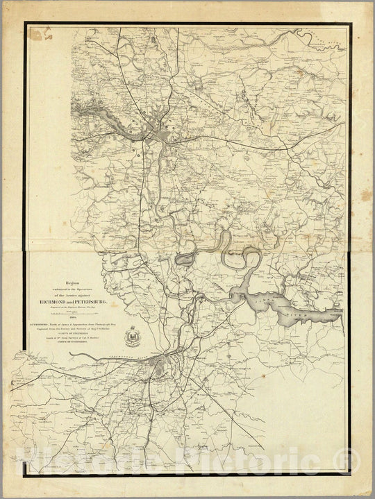 Historic Map - Region Embraced in the Operations of the Armies against Richomond and Petersburg, 1865, Bowen & Company - Vintage Wall Art