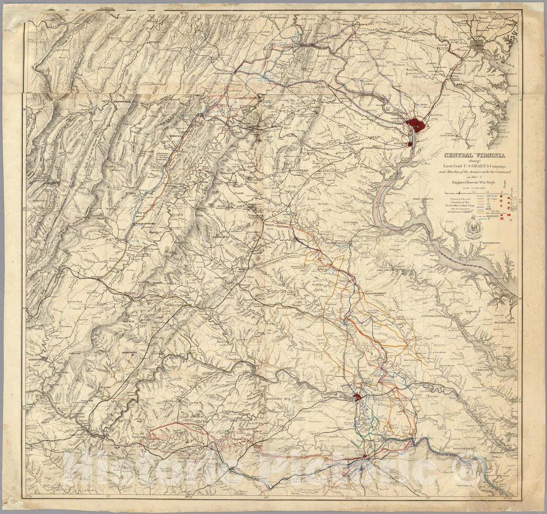 Historic Map - Central Virginia showing Lieut. Gen'l U.S. Grant's Campaign and Marches of the Armies under his Command in 1864-65, 1865 - Vintage Wall Art