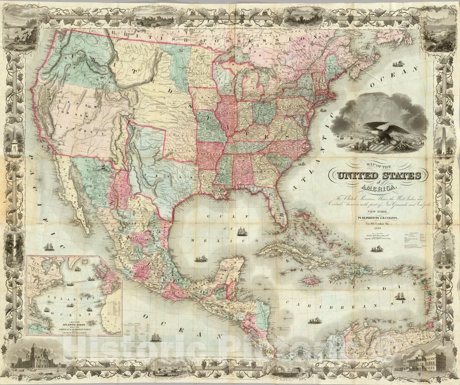 Historic Map : Map of the United States of America, 1849 - Vintage Wall Art