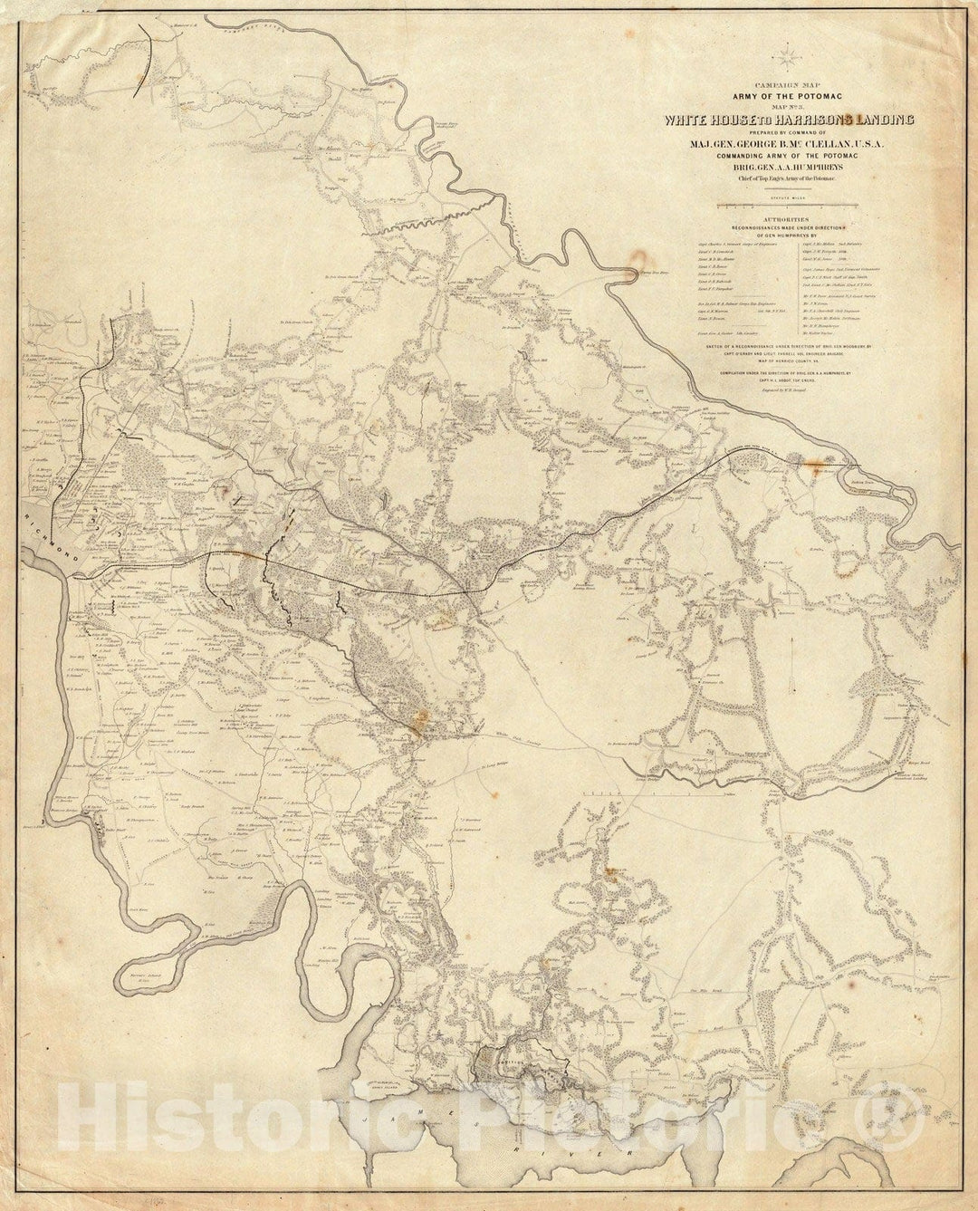 Historic Map : Campaign Map, Army of The Potomac. Map No.3 White House To Harrisons Landing. 1862 - Vintage Wall Art