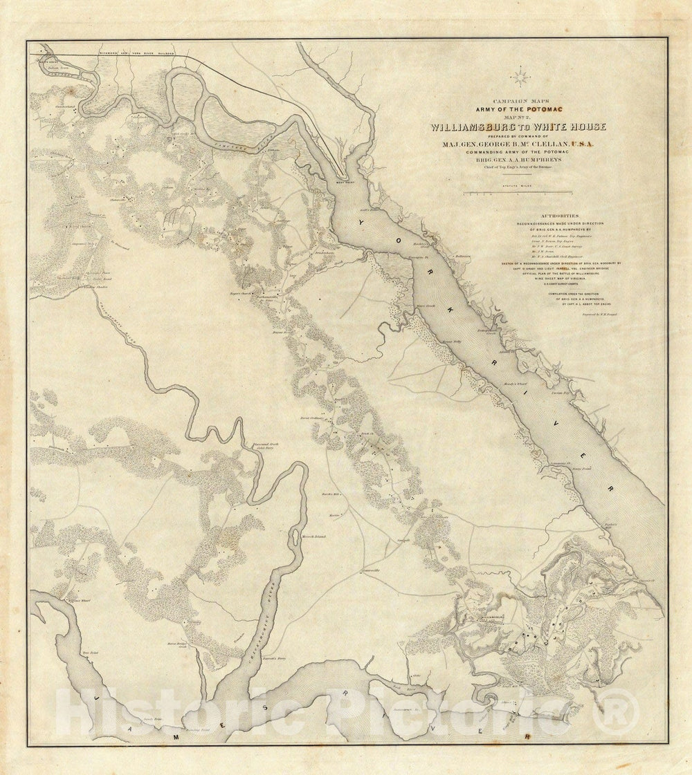 Historic Map : Campaign Map, Army of The Potomac. Map No. 2 Williamsburg To White House. 1862 - Vintage Wall Art