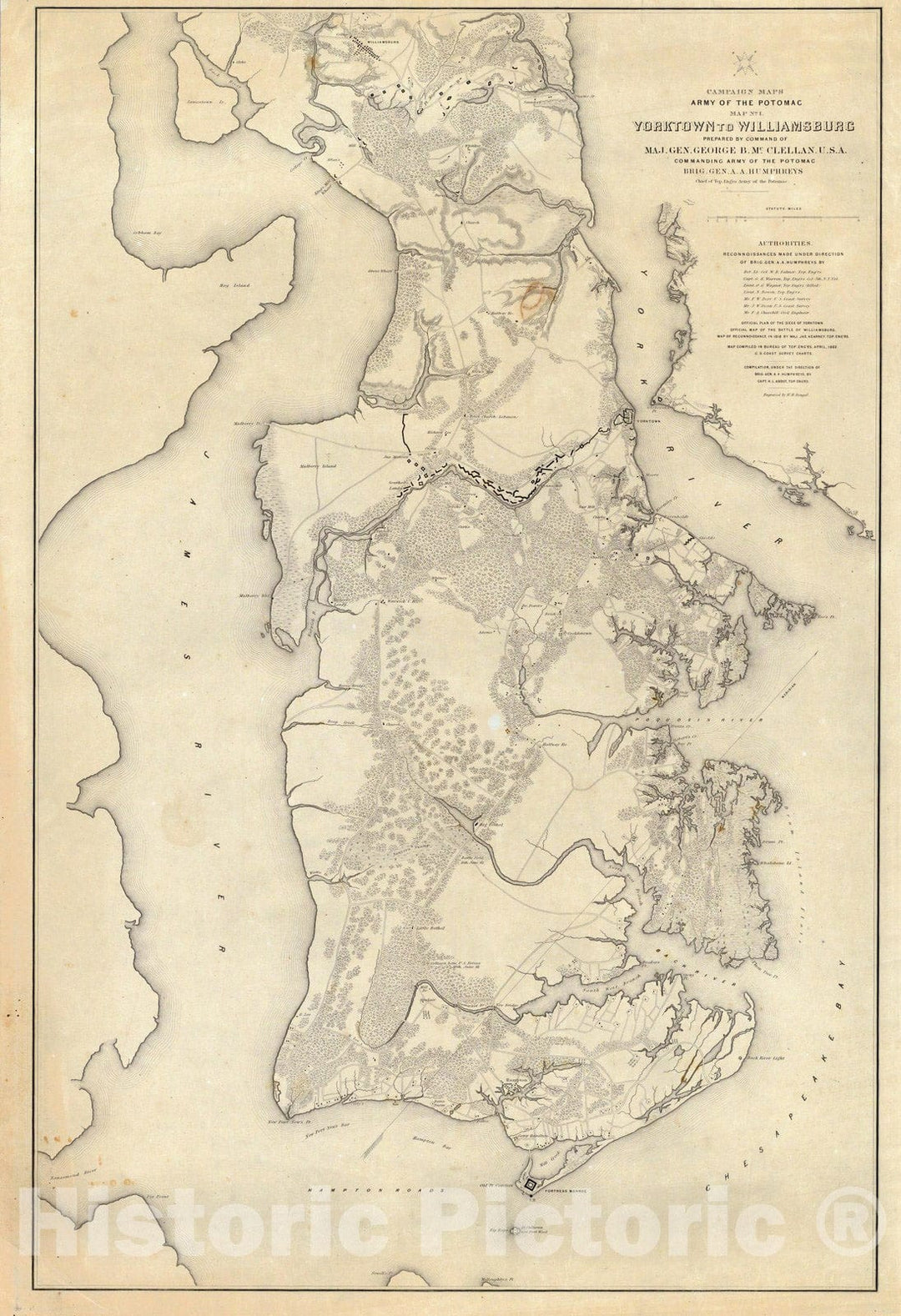 Historic Wall Map : Campaign Map, Army of The Potomac. Map No. 1 Yorktown To Williamsburg. 1862 - Vintage Wall Art