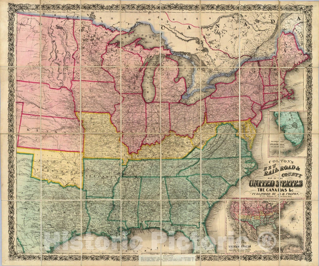 Historic Map : Colton's New Railroad & County Map of The United States, 1862 - Vintage Wall Art