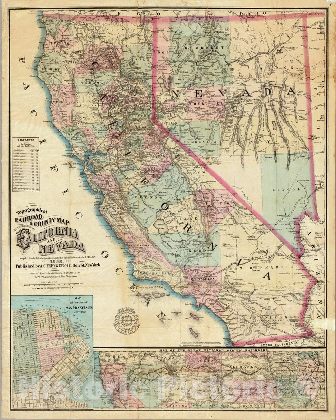 Historic Map - Topographical Railroad & County Map of the States of California and Nevada, 1868, - Vintage Wall Art