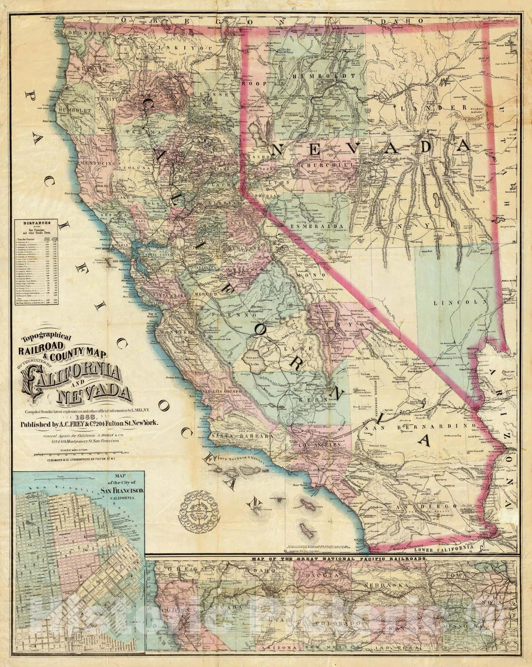 Historic Map - Topographical Railroad & County Map of the States of California and Nevada, 1868, - Vintage Wall Art