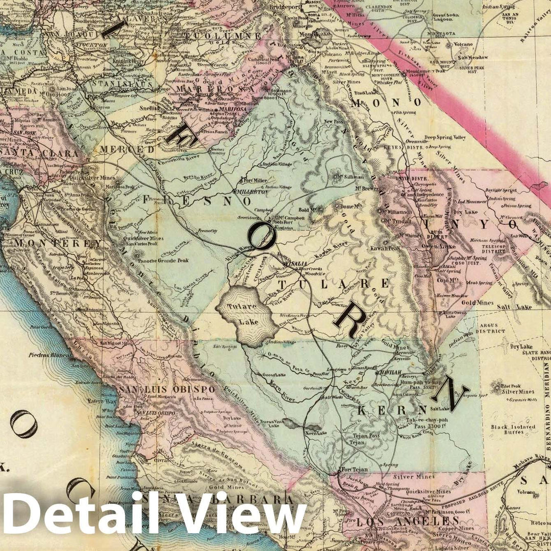 Historic Map - Topographical Railroad & County Map of the States of California and Nevada, 1868, - Vintage Wall Art